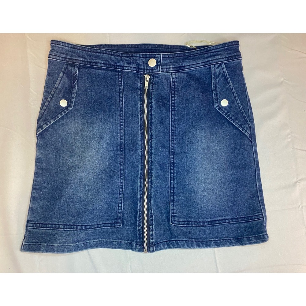 Umgee Denim Mini Skirt Womens Small Blue‎ Like New Exposed Zip Patch Pockets